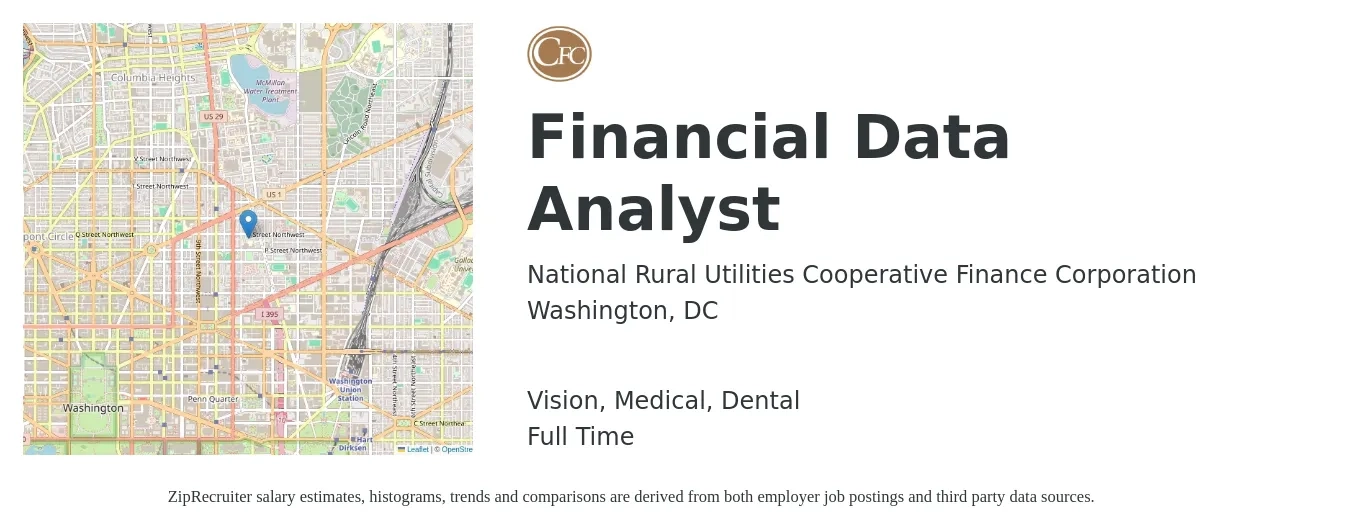 National Rural Utilities Cooperative Finance Corporation job posting for a Financial Data Analyst in Washington, DC with a salary of $71,900 to $113,800 Yearly and benefits including medical, pto, retirement, vision, dental, and life_insurance with a map of Washington location.