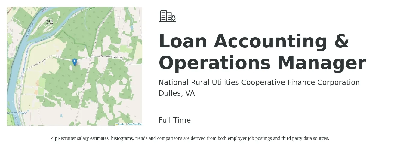 National Rural Utilities Cooperative Finance Corporation job posting for a Loan Accounting & Operations Manager in Dulles, VA with a salary of $61,400 to $107,900 Yearly with a map of Dulles location.