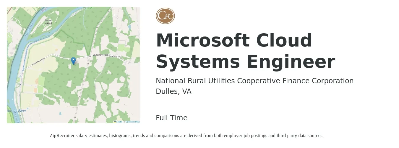 National Rural Utilities Cooperative Finance Corporation job posting for a Microsoft Cloud Systems Engineer in Dulles, VA with a salary of $55 to $74 Hourly with a map of Dulles location.