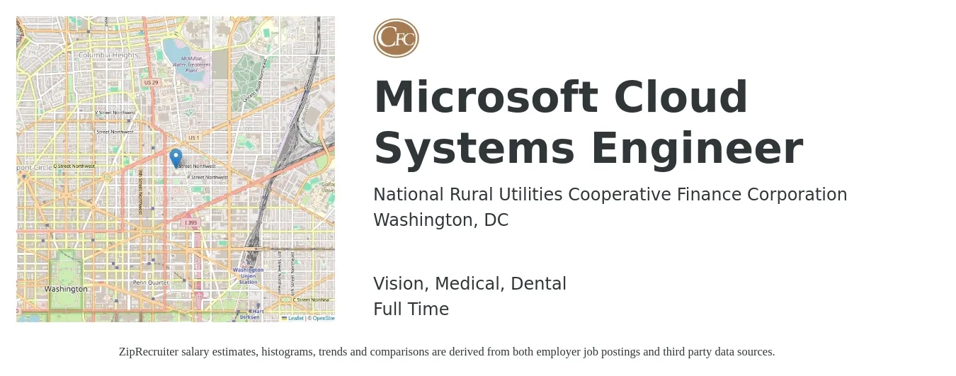 National Rural Utilities Cooperative Finance Corporation job posting for a Microsoft Cloud Systems Engineer in Washington, DC with a salary of $63 to $84 Hourly and benefits including vision, dental, life_insurance, medical, pto, and retirement with a map of Washington location.
