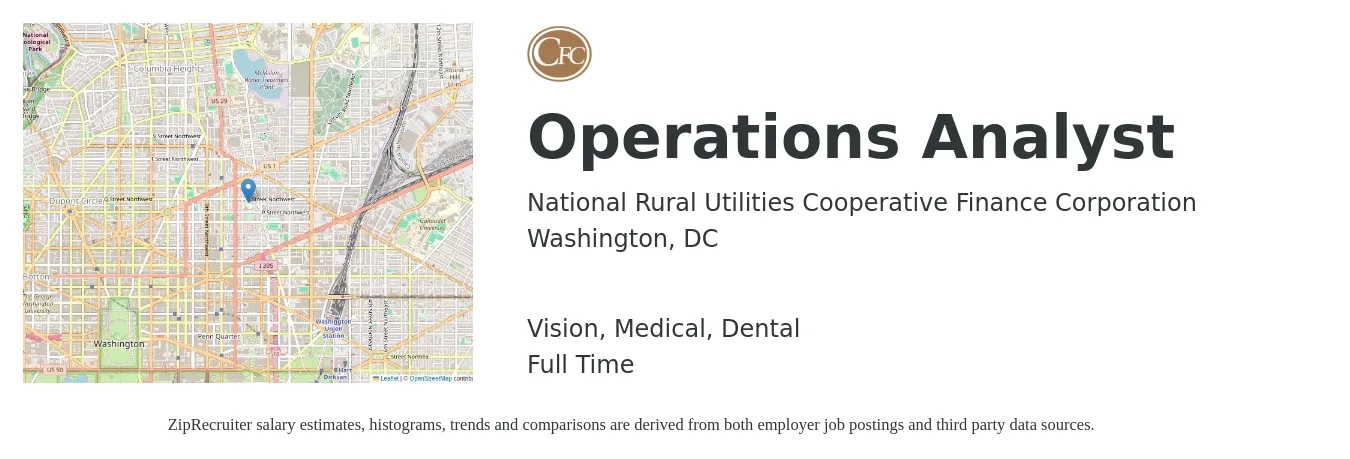 National Rural Utilities Cooperative Finance Corporation job posting for a Operations Analyst in Washington, DC with a salary of $28 to $48 Hourly and benefits including medical, pto, retirement, vision, dental, and life_insurance with a map of Washington location.