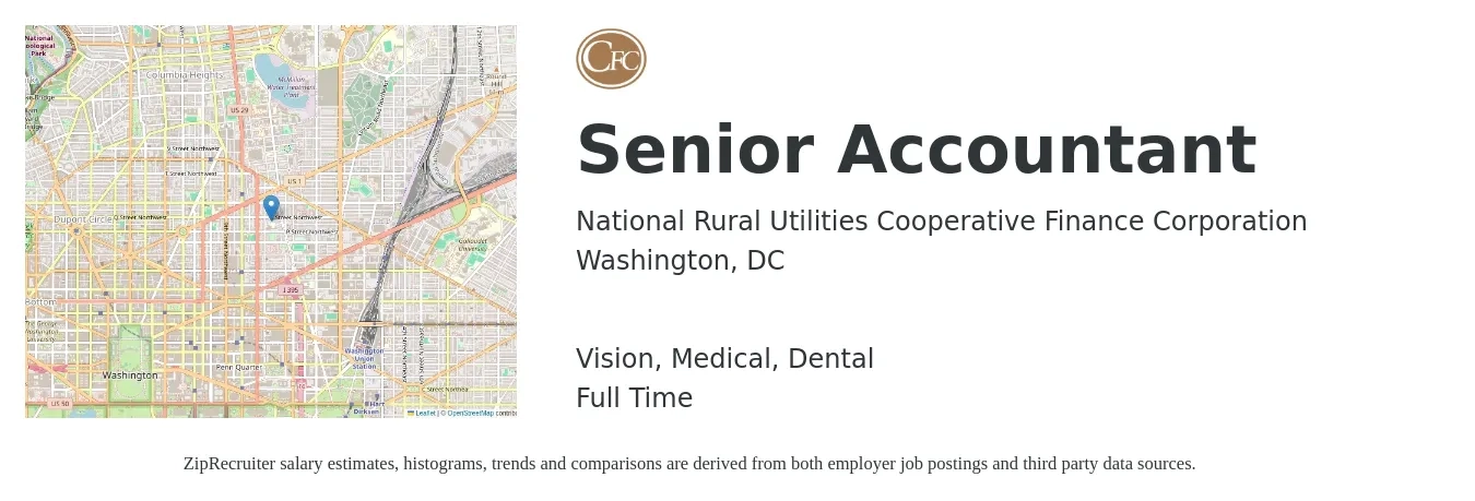 National Rural Utilities Cooperative Finance Corporation job posting for a Senior Accountant in Washington, DC with a salary of $83,800 to $105,300 Yearly and benefits including medical, pto, retirement, vision, dental, and life_insurance with a map of Washington location.