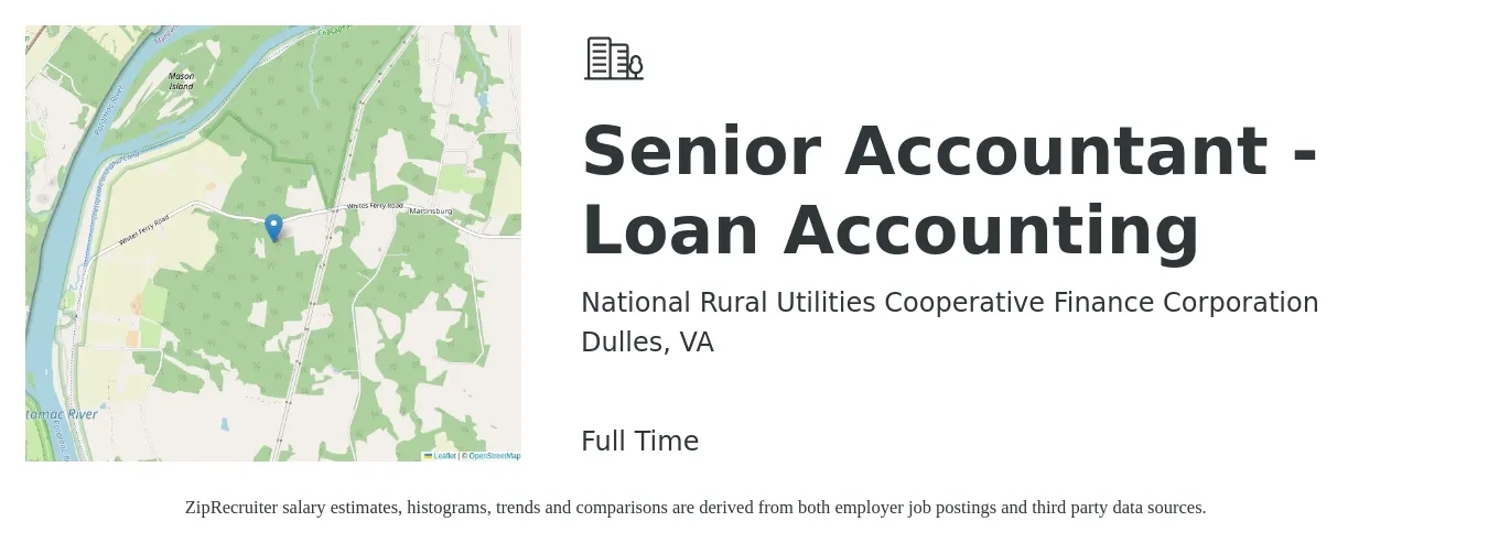 National Rural Utilities Cooperative Finance Corporation job posting for a Senior Accountant - Loan Accounting in Dulles, VA with a salary of $73,200 to $92,100 Yearly with a map of Dulles location.