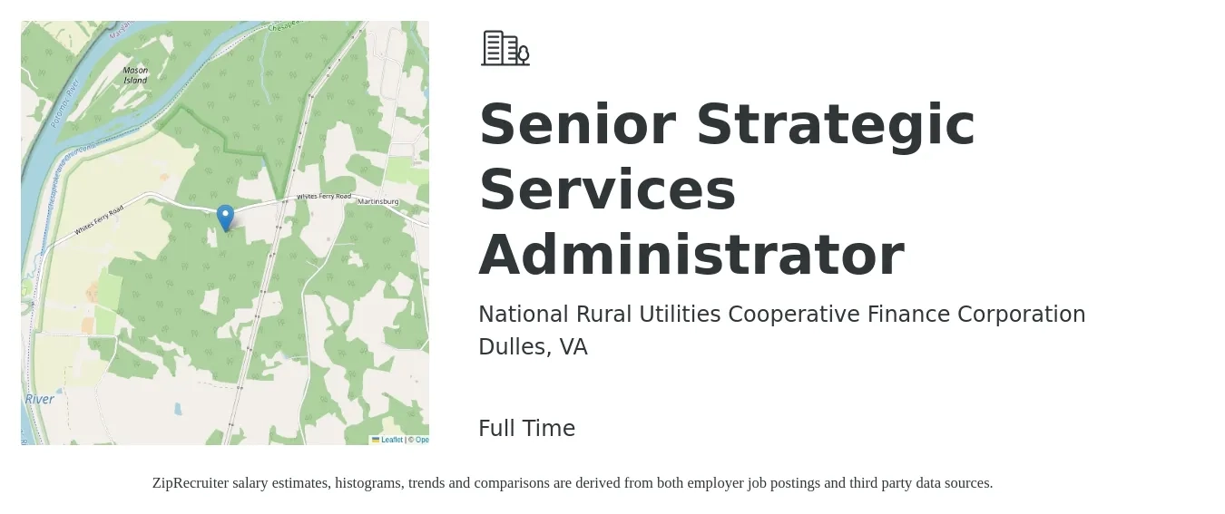 National Rural Utilities Cooperative Finance Corporation job posting for a Senior Strategic Services Administrator in Dulles, VA with a map of Dulles location.