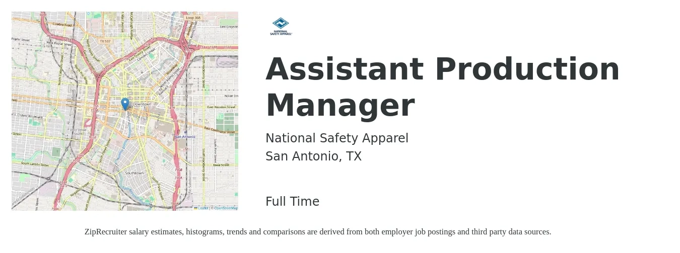 National Safety Apparel job posting for a Assistant Production Manager in San Antonio, TX with a salary of $50,000 to $60,000 Yearly with a map of San Antonio location.