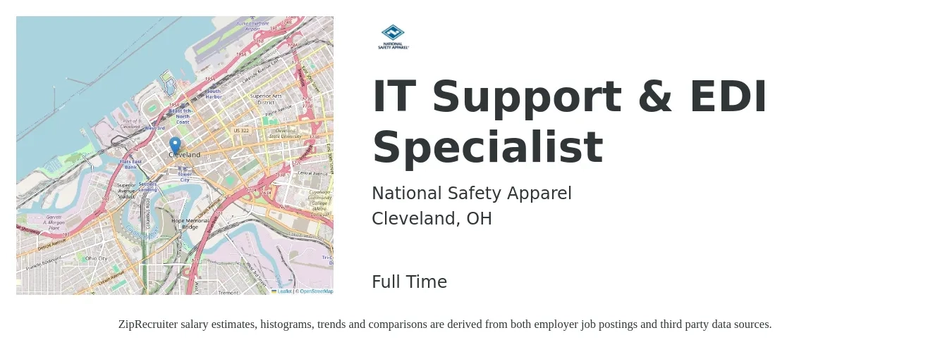 National Safety Apparel job posting for a IT Support & EDI Specialist in Cleveland, OH with a salary of $45,100 to $91,200 Yearly with a map of Cleveland location.