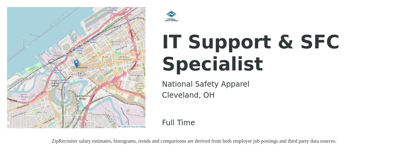 National Safety Apparel job posting for a IT Support & SFC Specialist in Cleveland, OH with a salary of $45,100 to $91,200 Yearly with a map of Cleveland location.