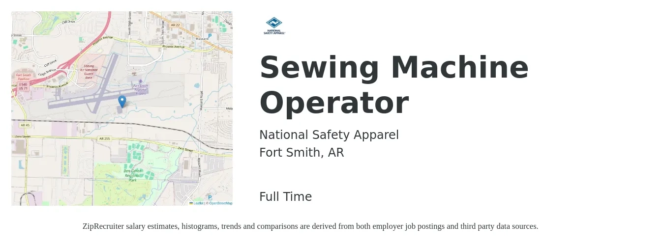 National Safety Apparel job posting for a Sewing Machine Operator in Fort Smith, AR with a salary of $14 to $17 Hourly with a map of Fort Smith location.