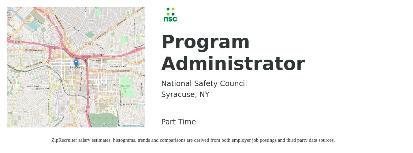 National Safety Council job posting for a Program Administrator in Syracuse, NY with a salary of $61,300 to $115,100 Yearly with a map of Syracuse location.