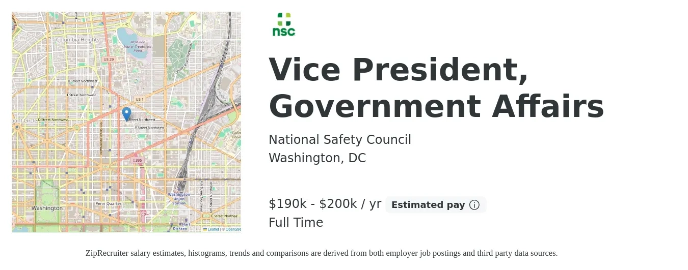 National Safety Council job posting for a Vice President, Government Affairs in Washington, DC with a salary of $190,000 to $200,000 Yearly with a map of Washington location.