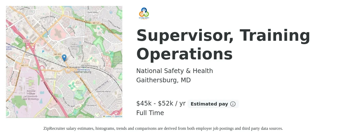 National Safety & Health job posting for a Supervisor, Training Operations in Gaithersburg, MD with a salary of $45,760 to $52,000 Yearly with a map of Gaithersburg location.