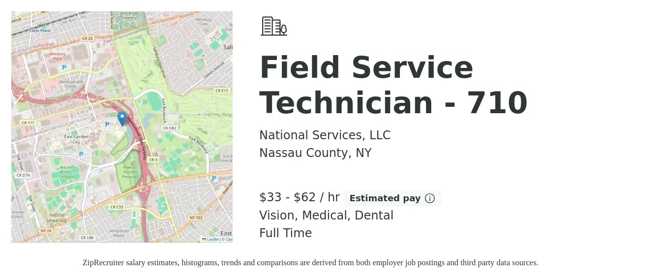 National Services, LLC job posting for a Field Service Technician - 710 in Nassau County, NY with a salary of $35 to $65 Hourly and benefits including medical, retirement, vision, dental, and life_insurance with a map of Nassau County location.