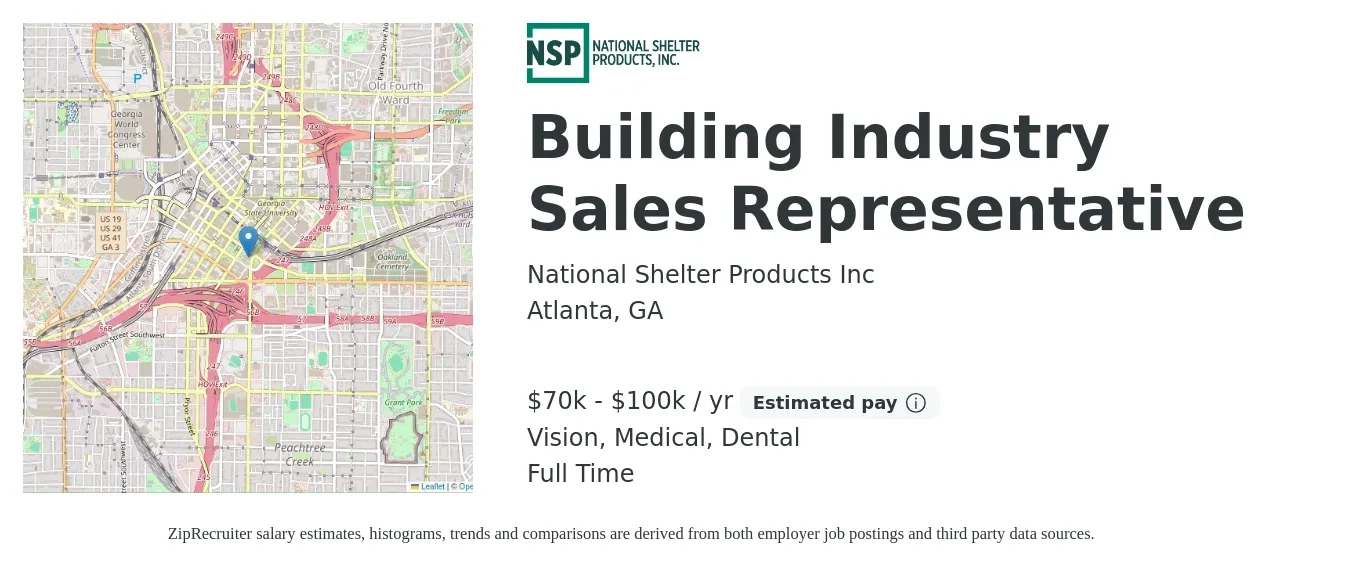 National Shelter Products Inc job posting for a Building Industry Sales Representative in Atlanta, GA with a salary of $70,000 to $100,000 Yearly (plus commission) and benefits including retirement, vision, dental, and medical with a map of Atlanta location.