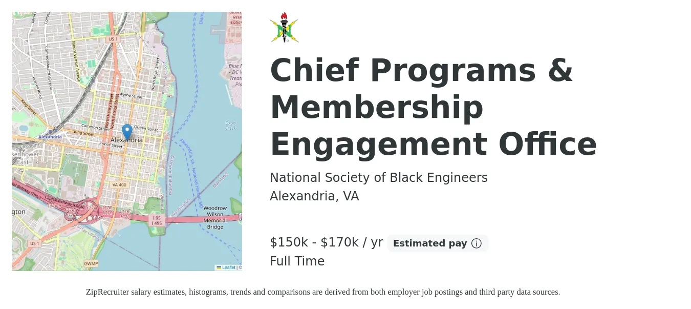 National Society of Black Engineers job posting for a Chief Programs & Membership Engagement Office in Alexandria, VA with a salary of $150,000 to $170,000 Yearly with a map of Alexandria location.