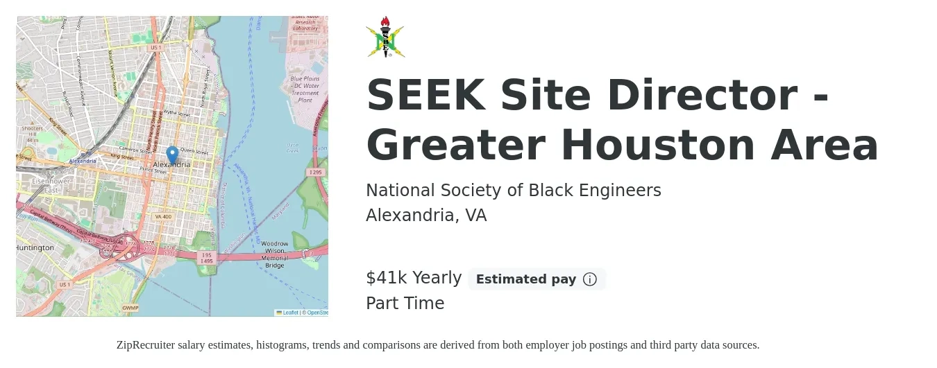 National Society of Black Engineers job posting for a SEEK Site Director - Greater Houston Area in Alexandria, VA with a salary of $41,600 Yearly with a map of Alexandria location.