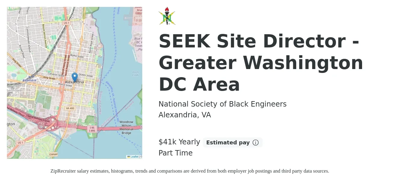 National Society of Black Engineers job posting for a SEEK Site Director - Greater Washington DC Area in Alexandria, VA with a salary of $41,600 Yearly with a map of Alexandria location.