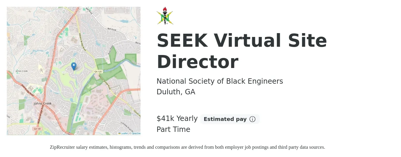 National Society of Black Engineers job posting for a SEEK Virtual Site Director in Duluth, GA with a salary of $41,600 Yearly with a map of Duluth location.