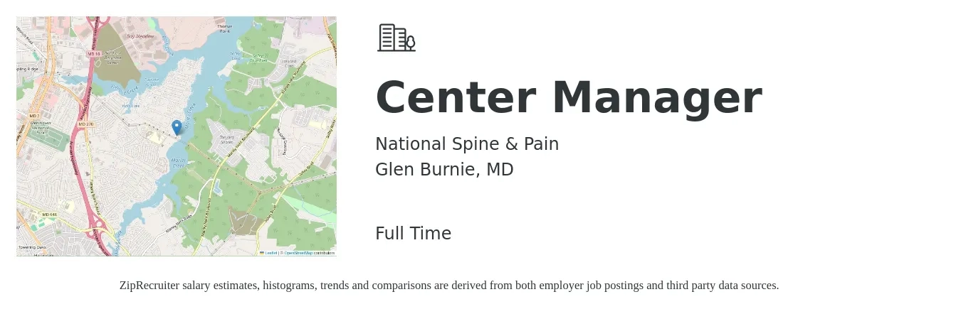 National Spine & Pain job posting for a Center Manager in Glen Burnie, MD with a salary of $43,500 to $64,300 Yearly with a map of Glen Burnie location.