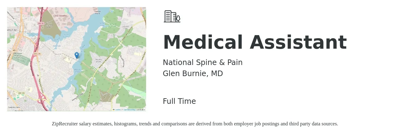 National Spine & Pain job posting for a Medical Assistant in Glen Burnie, MD with a salary of $17 to $22 Hourly with a map of Glen Burnie location.