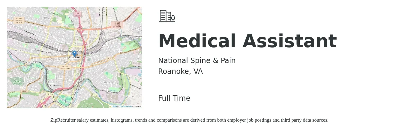 National Spine & Pain job posting for a Medical Assistant in Roanoke, VA with a salary of $16 to $20 Hourly with a map of Roanoke location.