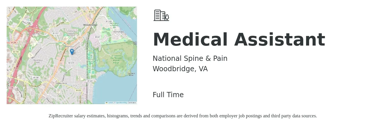 National Spine & Pain job posting for a Medical Assistant in Woodbridge, VA with a salary of $18 to $22 Hourly with a map of Woodbridge location.