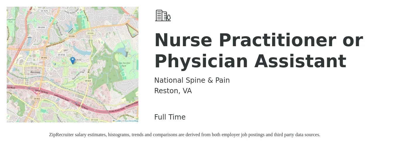 National Spine & Pain job posting for a Nurse Practitioner or Physician Assistant in Reston, VA with a salary of $113,600 to $147,000 Yearly with a map of Reston location.