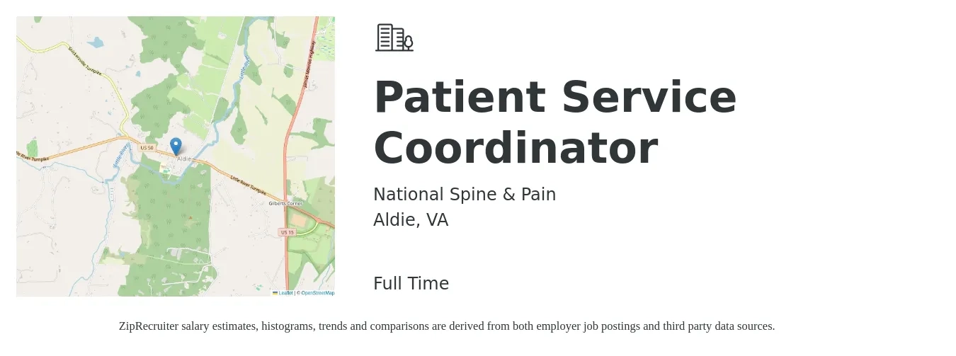 National Spine & Pain job posting for a Patient Service Coordinator in Aldie, VA with a salary of $18 to $25 Hourly with a map of Aldie location.