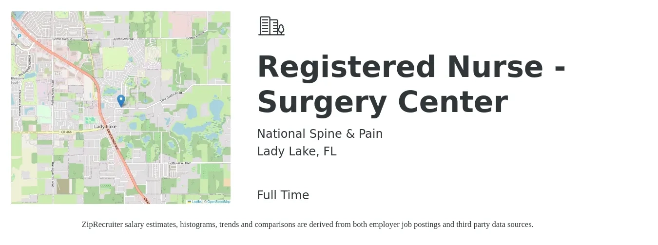 National Spine & Pain job posting for a Registered Nurse - Surgery Center in Lady Lake, FL with a salary of $29 to $46 Hourly with a map of Lady Lake location.