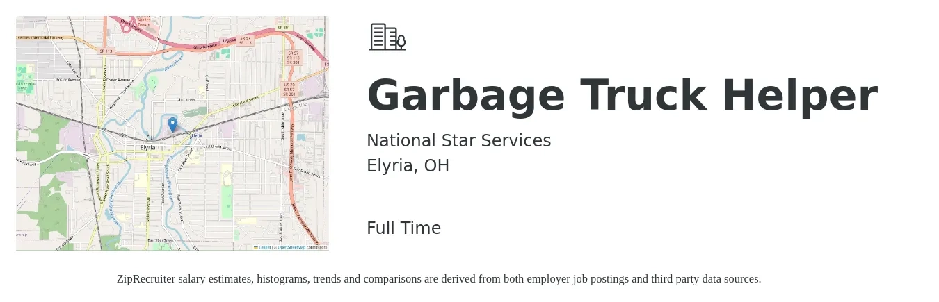 National Star Services job posting for a Garbage Truck Helper in Elyria, OH with a salary of $15 to $22 Hourly with a map of Elyria location.