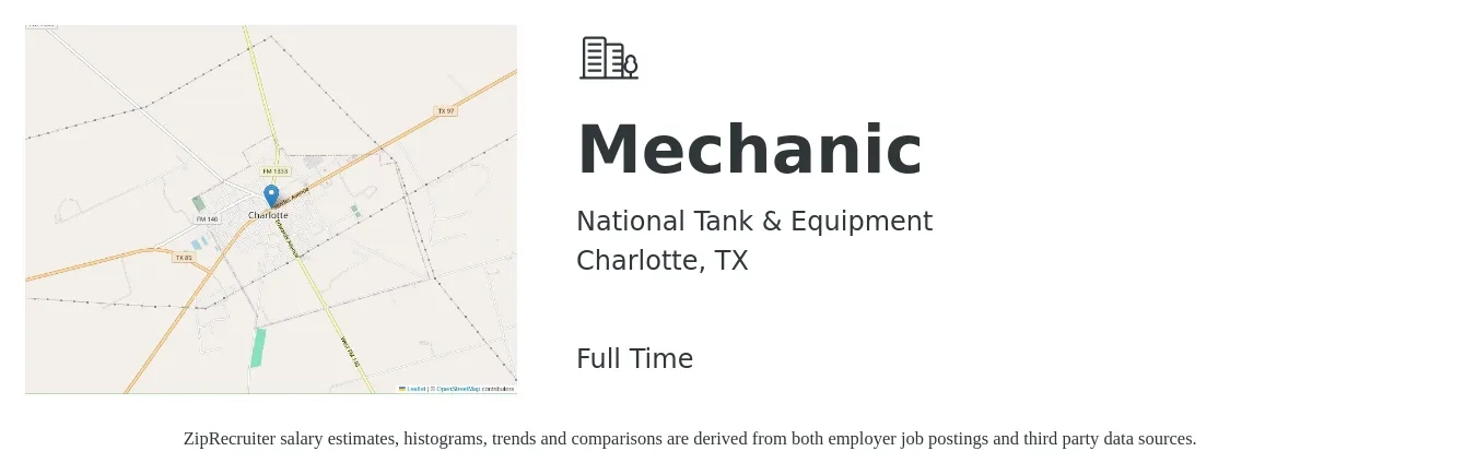 National Tank & Equipment job posting for a Mechanic in Charlotte, TX with a salary of $18 to $26 Hourly with a map of Charlotte location.