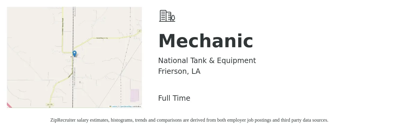 National Tank & Equipment job posting for a Mechanic in Frierson, LA with a salary of $16 to $23 Hourly with a map of Frierson location.