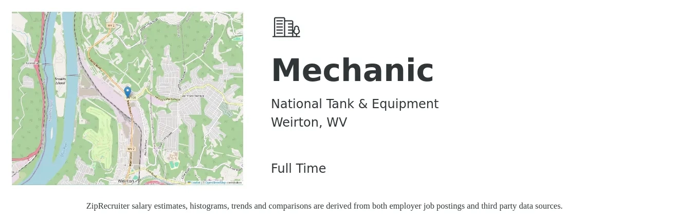 National Tank & Equipment job posting for a Mechanic in Weirton, WV with a salary of $20 to $29 Hourly with a map of Weirton location.
