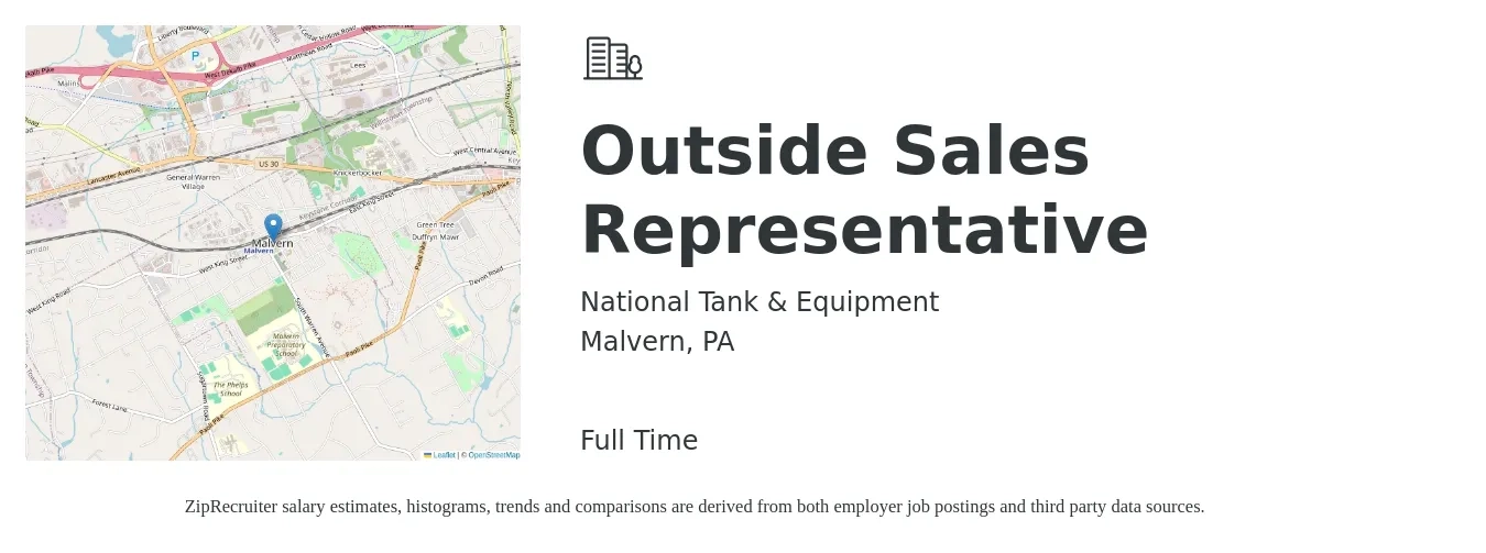 National Tank & Equipment job posting for a Outside Sales Representative in Malvern, PA with a salary of $51,500 to $88,300 Yearly with a map of Malvern location.
