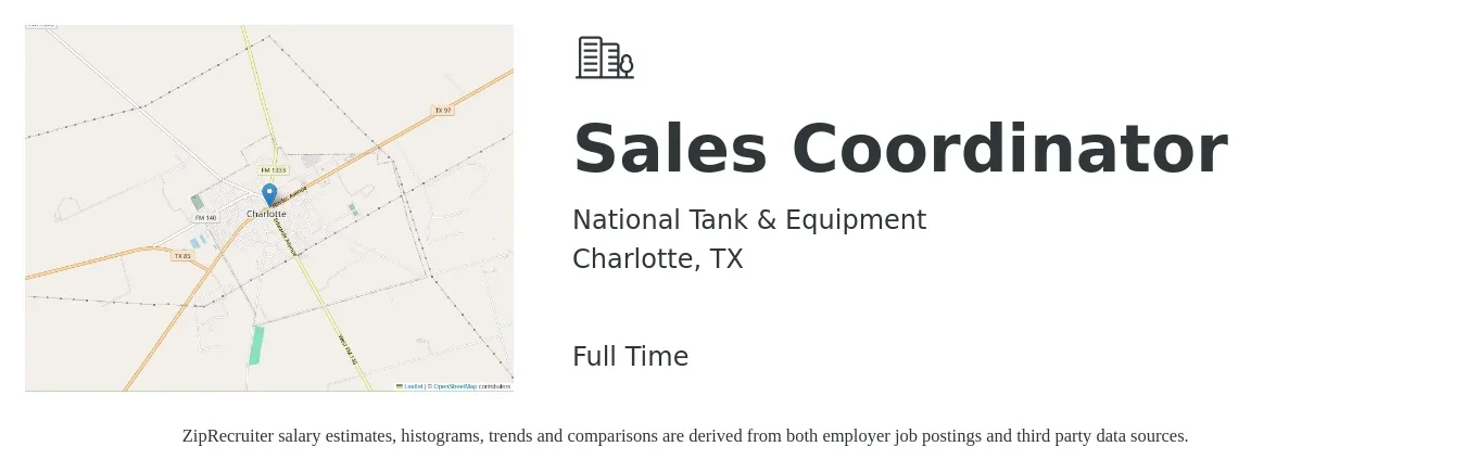National Tank & Equipment job posting for a Sales Coordinator in Charlotte, TX with a salary of $16 to $23 Hourly with a map of Charlotte location.