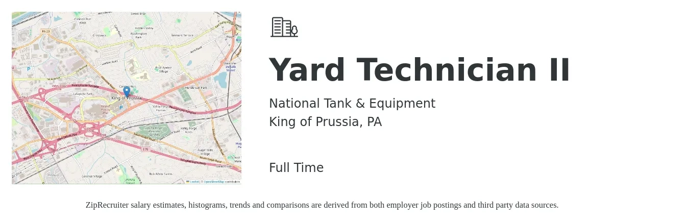 National Tank & Equipment job posting for a Yard Technician II in King of Prussia, PA with a salary of $16 to $19 Hourly with a map of King of Prussia location.