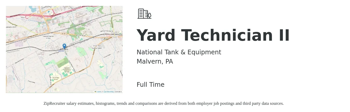National Tank & Equipment job posting for a Yard Technician II in Malvern, PA with a salary of $16 to $19 Hourly with a map of Malvern location.