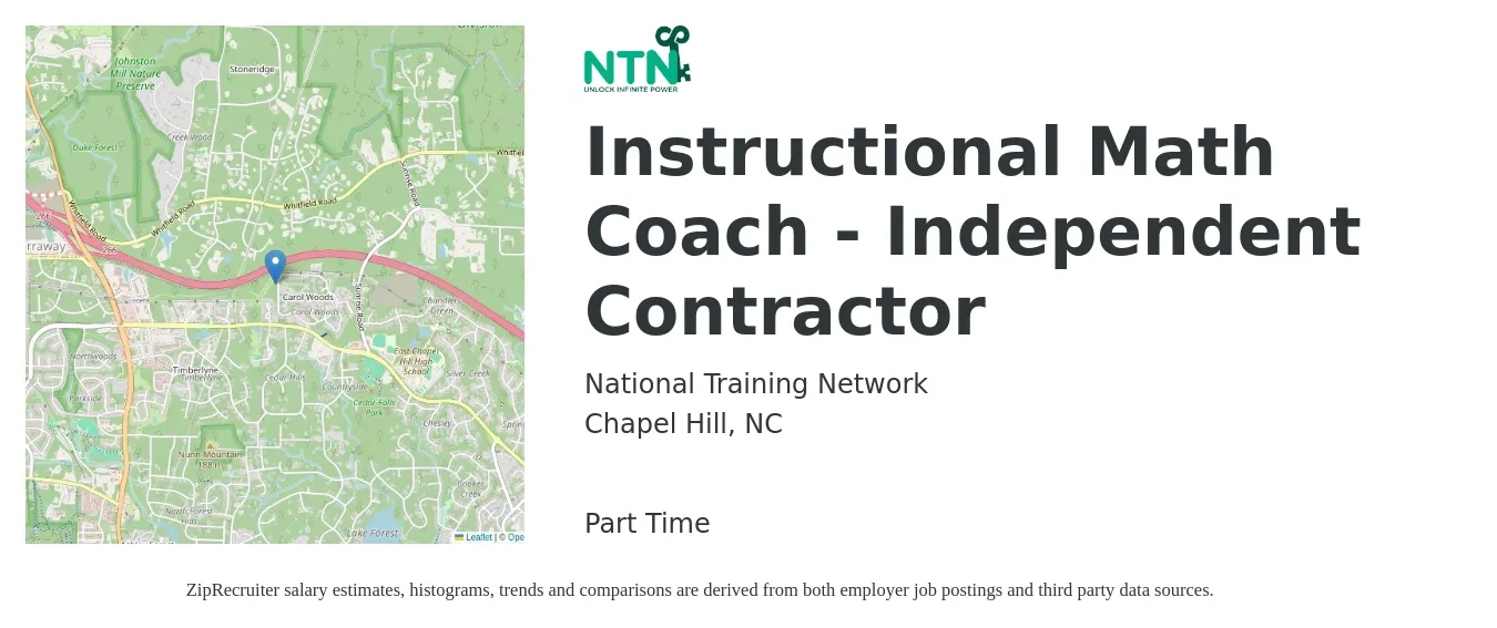 National Training Network job posting for a Instructional Math Coach - Independent Contractor in Chapel Hill, NC with a salary of $340 Daily (plus commission) with a map of Chapel Hill location.
