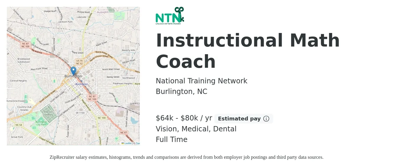 National Training Network job posting for a Instructional Math Coach in Burlington, NC with a salary of $64,500 to $80,000 Yearly (plus commission) and benefits including retirement, vision, dental, life_insurance, and medical with a map of Burlington location.