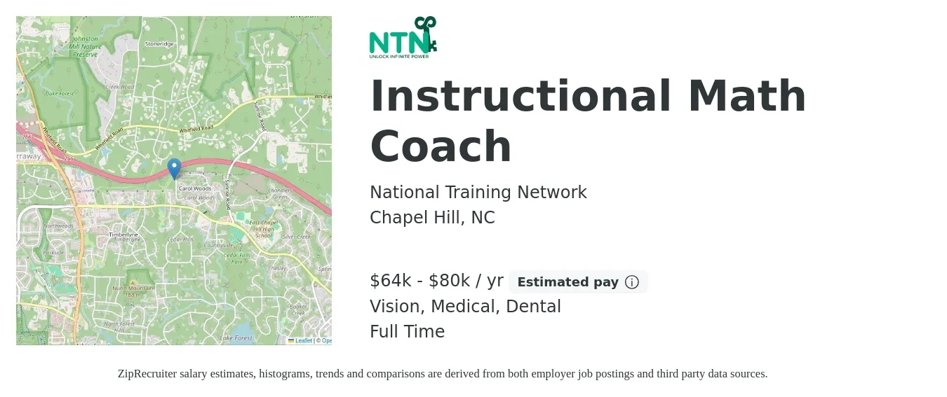 National Training Network job posting for a Instructional Math Coach in Chapel Hill, NC with a salary of $64,500 to $80,000 Yearly (plus commission) and benefits including dental, life_insurance, medical, retirement, and vision with a map of Chapel Hill location.