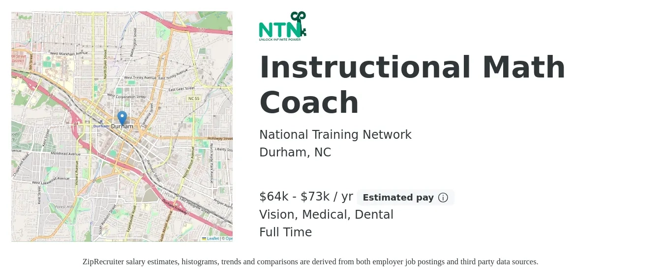 National Training Network job posting for a Instructional Math Coach in Durham, NC with a salary of $64,500 to $73,000 Yearly (plus commission) and benefits including dental, life_insurance, medical, retirement, and vision with a map of Durham location.