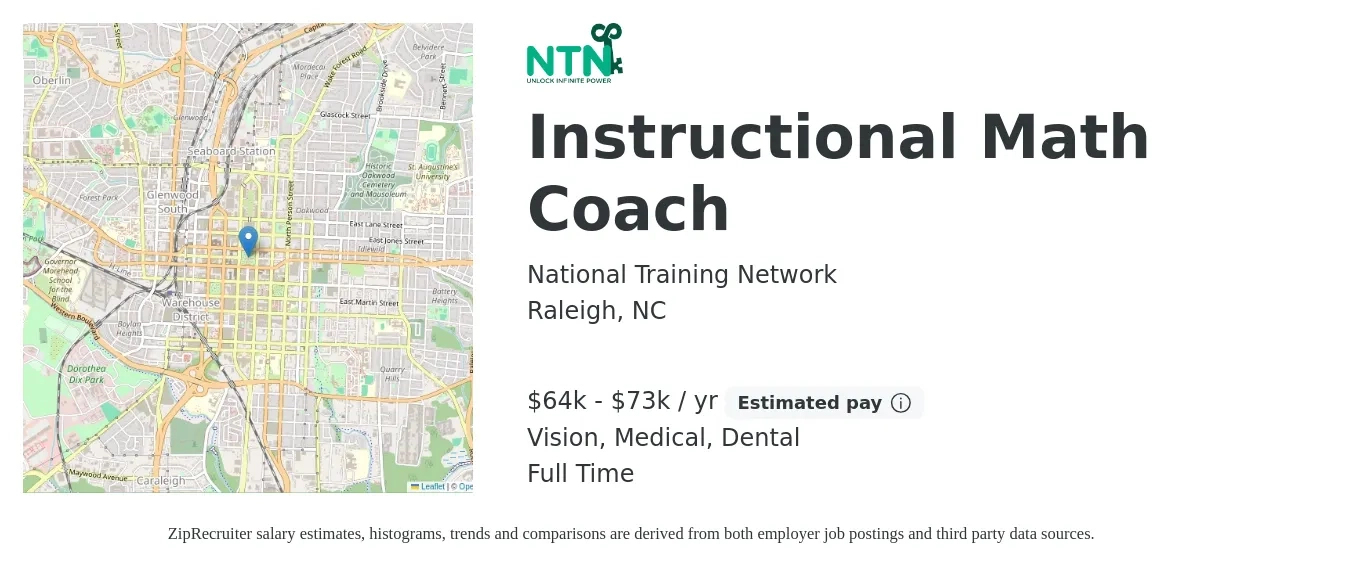 National Training Network job posting for a Instructional Math Coach in Raleigh, NC with a salary of $64,500 to $73,000 Yearly (plus commission) and benefits including dental, life_insurance, medical, retirement, and vision with a map of Raleigh location.