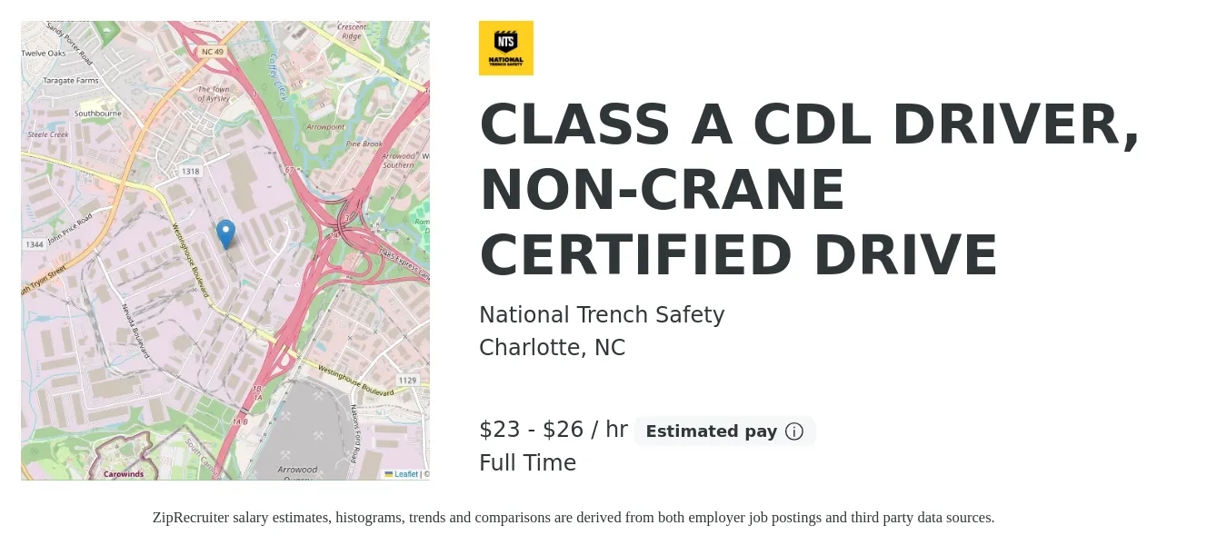 National Trench Safety job posting for a CLASS A CDL DRIVER, NON-CRANE CERTIFIED DRIVE in Charlotte, NC with a salary of $24 to $28 Hourly with a map of Charlotte location.