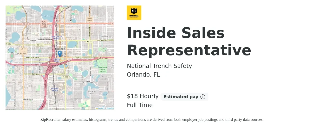 National Trench Safety job posting for a Inside Sales Representative in Orlando, FL with a salary of $19 Hourly with a map of Orlando location.