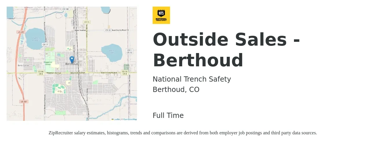 National Trench Safety job posting for a Outside Sales - Berthoud in Berthoud, CO with a salary of $52,500 to $90,000 Yearly with a map of Berthoud location.