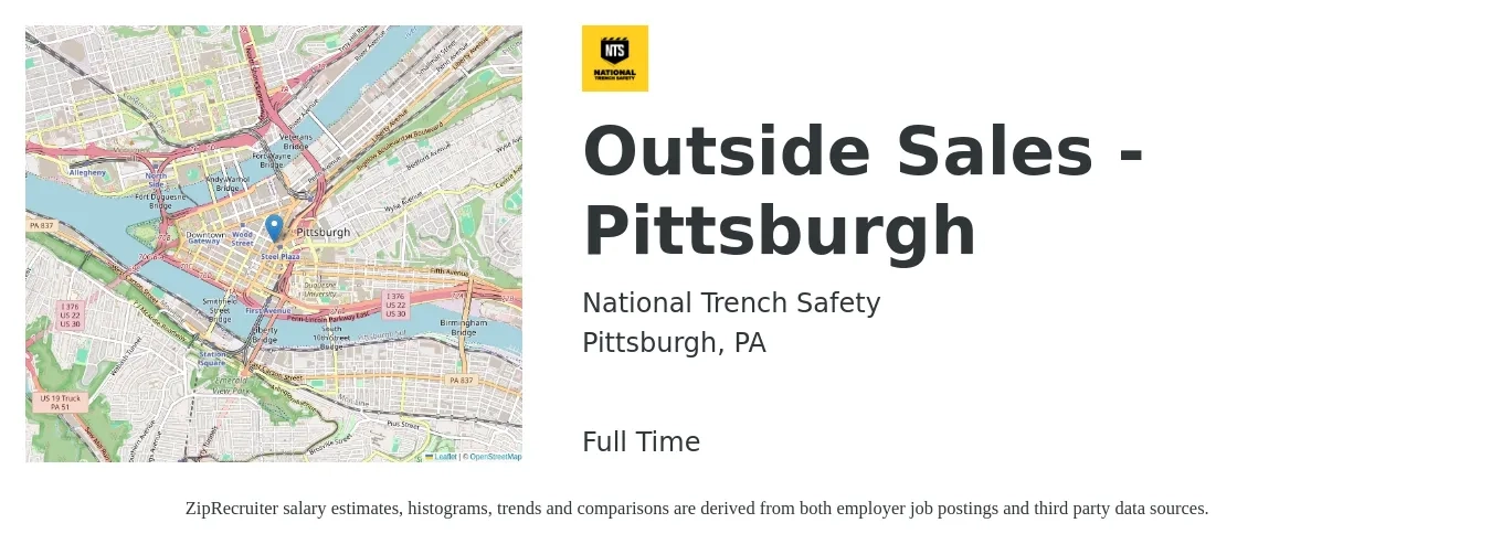 National Trench Safety job posting for a Outside Sales - Pittsburgh in Pittsburgh, PA with a salary of $48,800 to $83,600 Yearly with a map of Pittsburgh location.