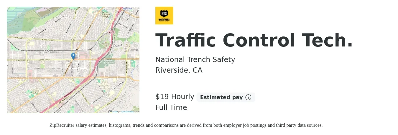 National Trench Safety job posting for a Traffic Control Tech. in Riverside, CA with a salary of $20 Hourly with a map of Riverside location.