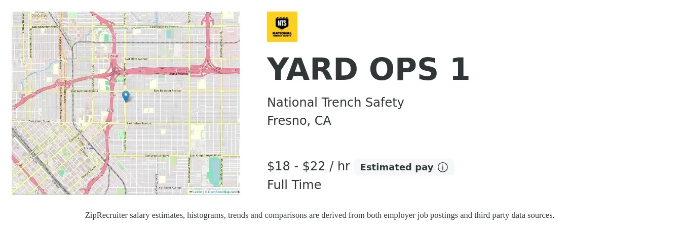 National Trench Safety job posting for a YARD OPS 1 in Fresno, CA with a salary of $19 to $23 Hourly with a map of Fresno location.