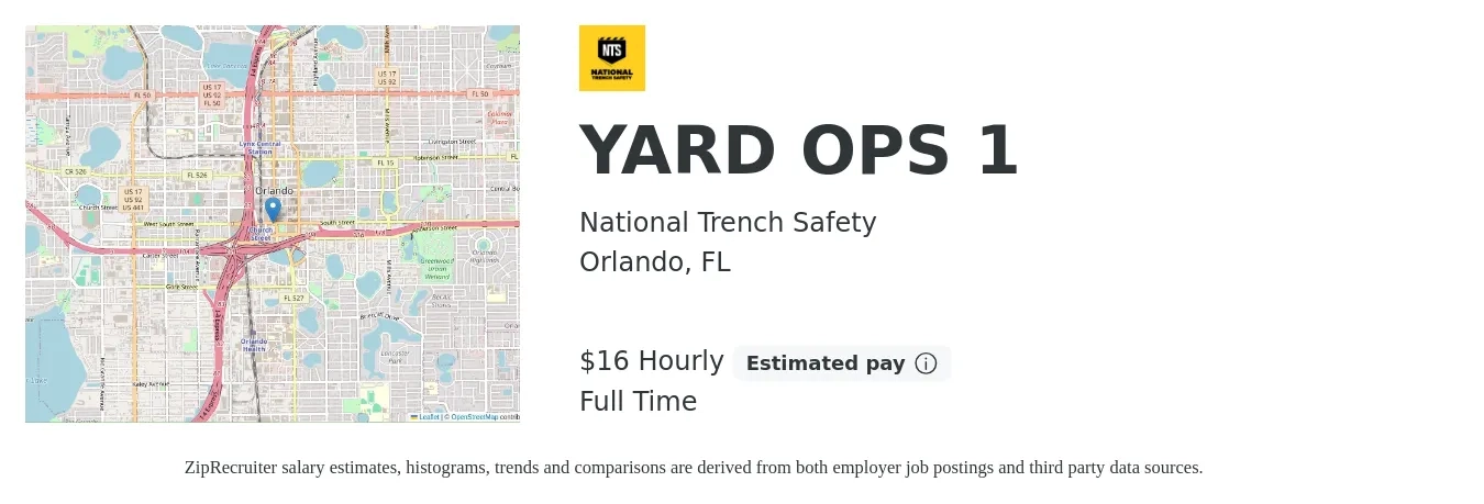 National Trench Safety job posting for a YARD OPS 1 in Orlando, FL with a salary of $17 Hourly with a map of Orlando location.