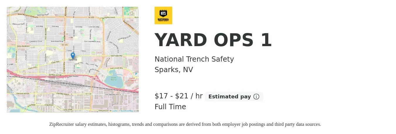 National Trench Safety job posting for a YARD OPS 1 in Sparks, NV with a salary of $18 to $22 Hourly with a map of Sparks location.