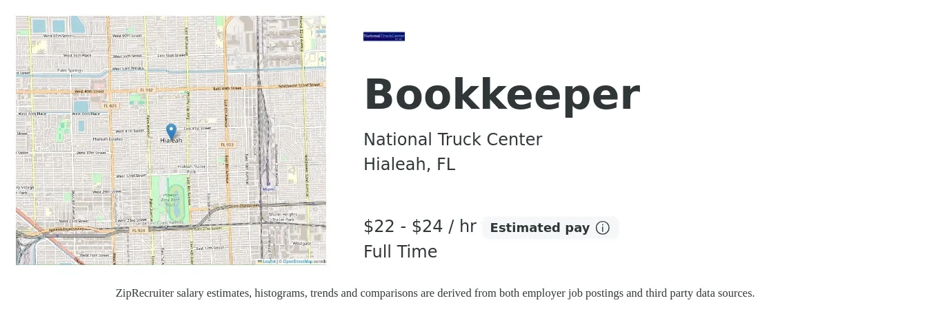 National Truck Center job posting for a Bookkeeper in Hialeah, FL with a salary of $23 to $25 Hourly with a map of Hialeah location.